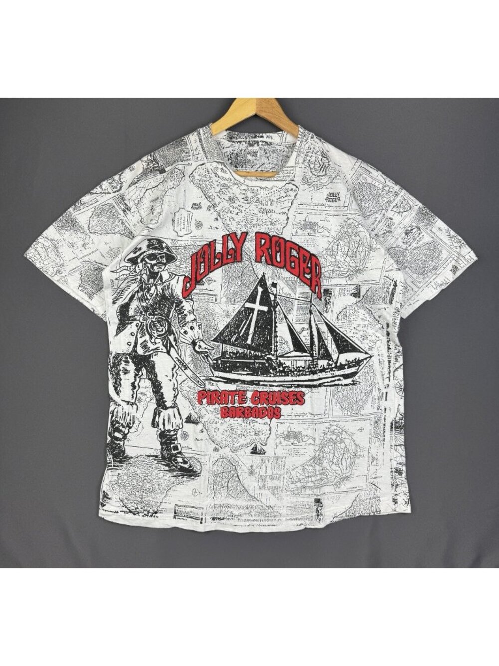 Vintage 90s Jolly Roger Pirate Cruises Barbados All Over Print Promo Art Shirt